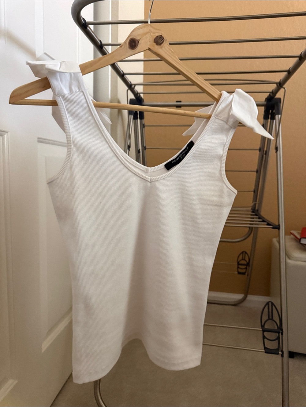 French Connection White Ribbed Tie-Shoulder Tank